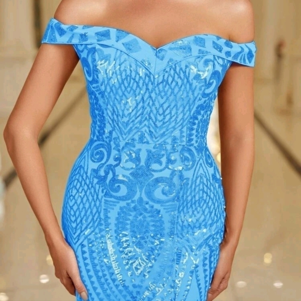 Blue geometric Sequin off shoulder split thigh Ma… - image 7